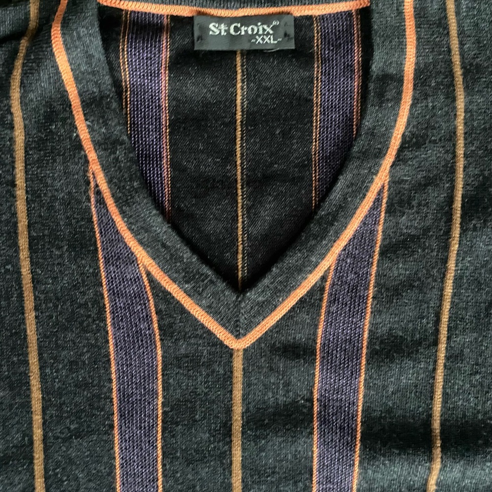 St. Croix Sweater V-Neck Black with Orange and Purple Stripes XXL Wool